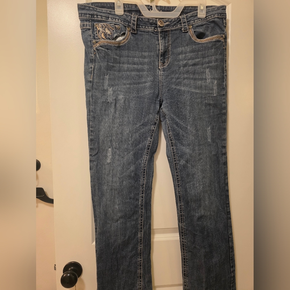 Grace in LA Distressed Blue Straight Leg Jeans